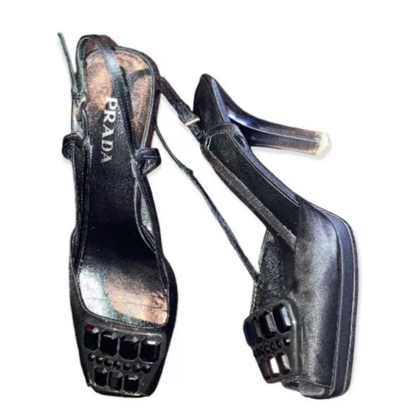 Chunky Prada Slinbacks Large Stone Embellishment black Lucite Ombré Heel - Picture 6 of 9